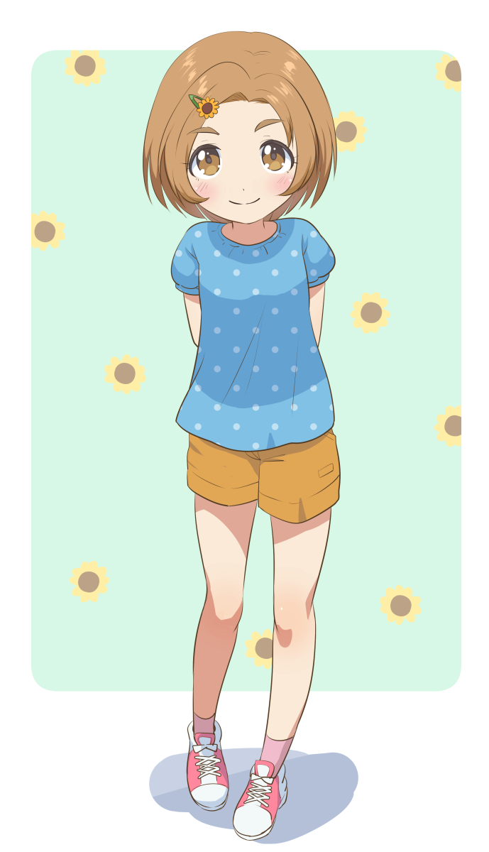 1girl arms_behind_back blue_shirt blush brown_eyes brown_hair brown_shorts closed_mouth flower full_body hair_flower hair_ornament highres idolmaster idolmaster_cinderella_girls looking_at_viewer pink_socks polka_dot polka_dot_skirt ryuzaki_kaoru shadow shirt shoes short_hair short_shorts short_sleeves shorts skirt smile sneakers socks solo standing sunflower sunflower_hair_ornament yama_tatsuo