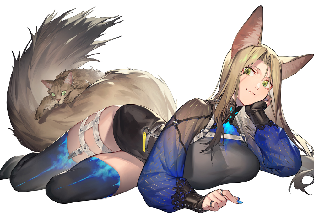 1girl animal_ears blonde_hair blue_nails blue_thighhighs breasts cat cat_ears cat_girl cat_tail garter_straps green_eyes high_collar large_breasts long_hair long_sleeves lying nail_polish noy on_side original pencil_skirt skirt slit_pupils tail thighhighs white_background