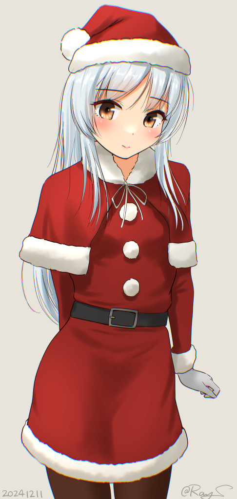 belt black_belt black_pantyhose brown_eyes capelet dress fur-trimmed_capelet fur-trimmed_dress fur-trimmed_headwear fur_trim gloves grey_background hat kantai_collection long_hair official_alternate_costume one-hour_drawing_challenge pantyhose ray.s red_capelet red_dress red_hat santa_hat shoukaku_(christmas_mode)_(kancolle) shoukaku_(kancolle) simple_background white_gloves white_hair