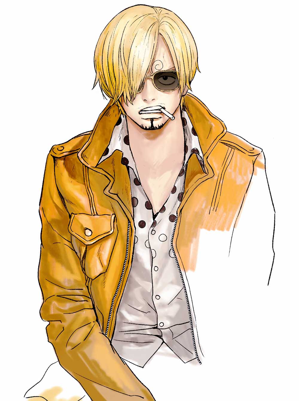 1boy blonde_hair chief_(chiefvinsmoke) cigarette curly_eyebrows facial_hair goatee hair_over_one_eye high_collar highres jacket male_focus one_piece sanji_(one_piece) shirt short_hair simple_background solo sunglasses white_background white_shirt yellow_jacket