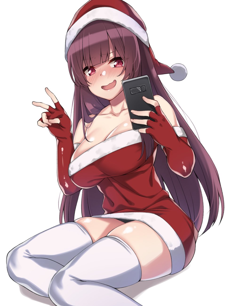 1girl awkward bare_shoulders black_panties blush breasts cellphone cleavage collarbone dress elbow_gloves female_focus fingerless_gloves fur-trimmed_dress fur_trim girls&#039;_frontline gloves hat highres holding holding_phone large_breasts long_hair looking_at_viewer panties phone purple_hair red_dress red_eyes red_gloves santa_hat shiny_skin sidelocks simple_background sitting skindentation smartphone solo spicy_moo strapless strapless_dress thighhighs thighs underwear v very_long_hair wa2000_(girls&#039;_frontline) white_background white_thighhighs yokozuwari