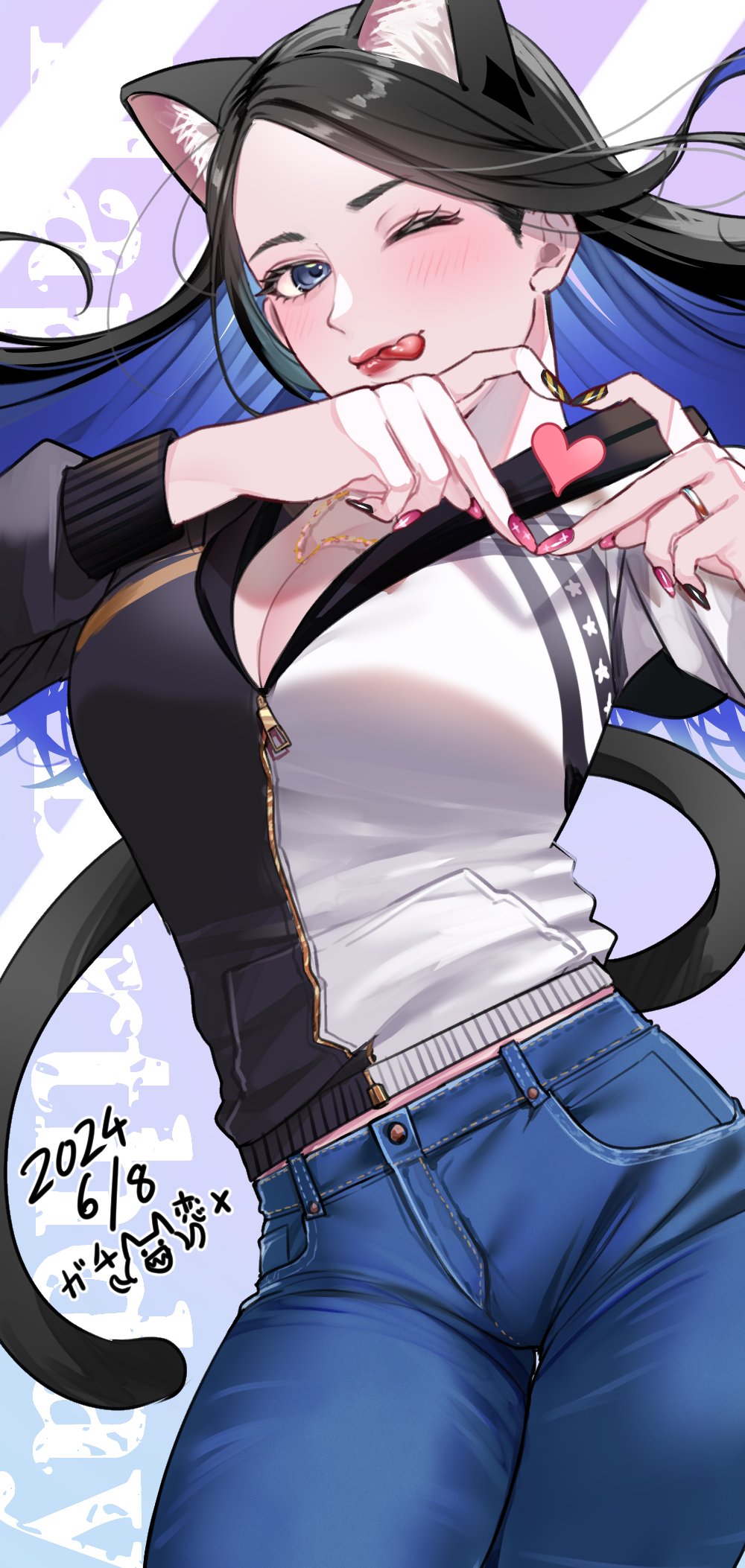 1girl animal_ear_fluff animal_ears black_nails blue_eyes blue_hair blue_pants blush breasts cat_ears cat_girl cat_tail cleavage colored_inner_hair cowboy_shot dated denim extra_ears floating_hair grey_background hands_up heart heart_hands highres hood hoodie isuka jeans jewelry kson large_breasts lipstick long_hair looking_at_viewer makeup midriff_peek multicolored_hair multicolored_nails nail_polish necklace one_eye_closed pants parted_bangs pink_nails red_lips ring smirk solo tail thigh_gap tongue tongue_out two-tone_hair two-tone_hoodie virtual_youtuber vshojo white_background