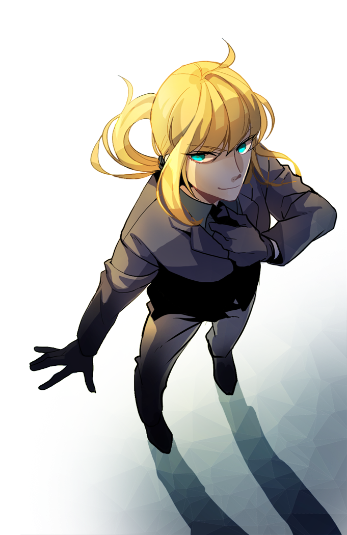 1girl ahoge aqua_eyes artoria_pendragon_(fate) bad_id bad_pixiv_id blonde_hair fate/zero fate_(series) female_focus formal_clothes from_above gloves green_eyes jisue10 long_hair pant_suit pants ponytail saber_(fate) solo suit