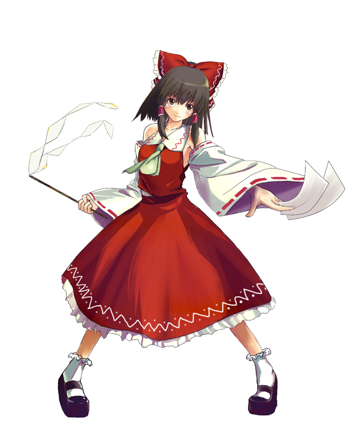 1girl brown_hair detached_sleeves female_focus full_body gohei hakurei_reimu imperishable_night japanese_clothes miko simple_background skirt solo touhou white_background yamauri