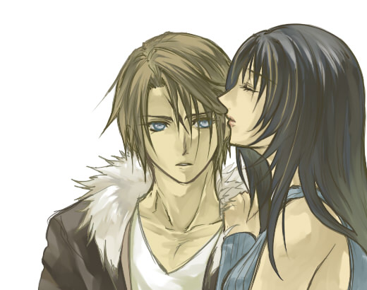 1boy 1girl black_hair black_jacket blue_eyes brown_hair closed_eyes commentary_request couple dated_commentary detached_sleeves expressionless final_fantasy final_fantasy_viii fur-trimmed_jacket fur_trim hand_on_another&#039;s_shoulder hetero hinokami jacket kiss kissing_cheek multicolored_hair open_clothes open_jacket parted_lips rinoa_heartilly scar scar_on_face shirt short_hair simple_background sleeveless_duster squall_leonhart streaked_hair upper_body v-neck white_background white_fur white_shirt