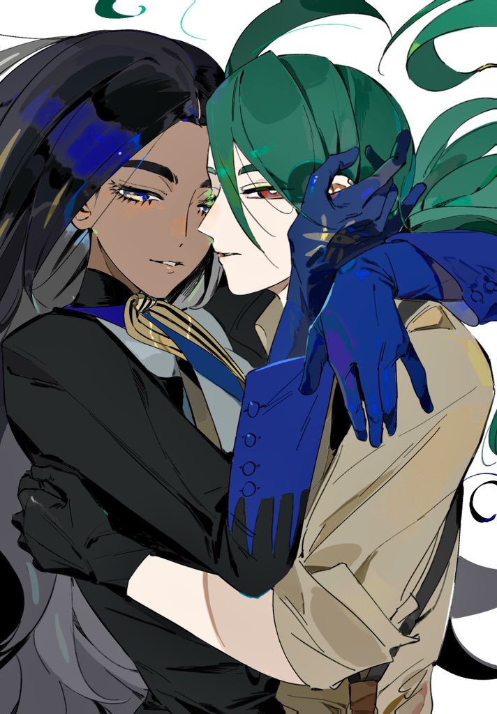 2girls ahoge black_gloves black_hair black_jacket blue_eyes blue_gloves creatures_(company) from_side game_freak geeta_(pokemon) geetasdog gloves green_hair half-closed_eyes hand_on_another&#039;s_head jacket long_hair looking_at_viewer multiple_girls nintendo parted_lips photo-referenced pokemon pokemon_sv red_eyes rika_(pokemon) shirt simple_background upper_body white_background yellow_shirt yuri