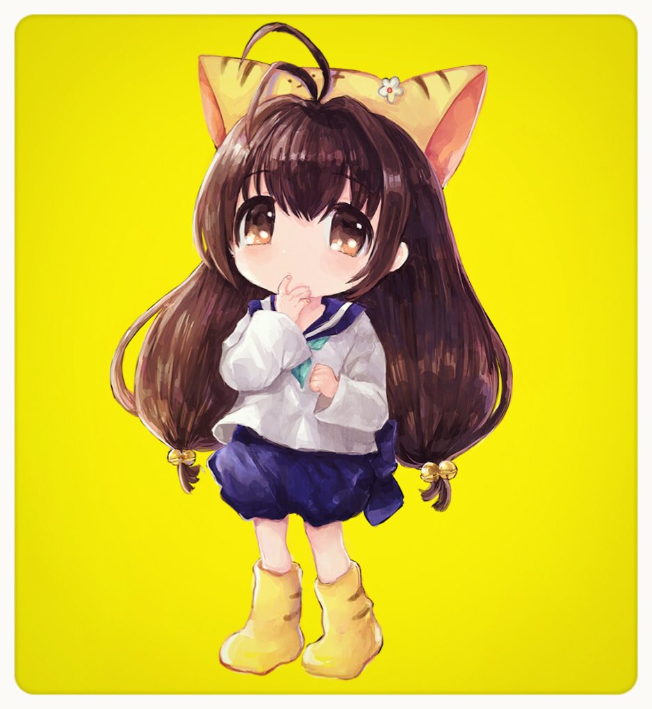 1girl animal_hat bell boots brown_eyes brown_hair cat_hat comeco commentary_request di_gi_charat hair_bell hair_ornament hat jingle_bell long_hair looking_at_viewer puchiko school_uniform serafuku solo yellow_background