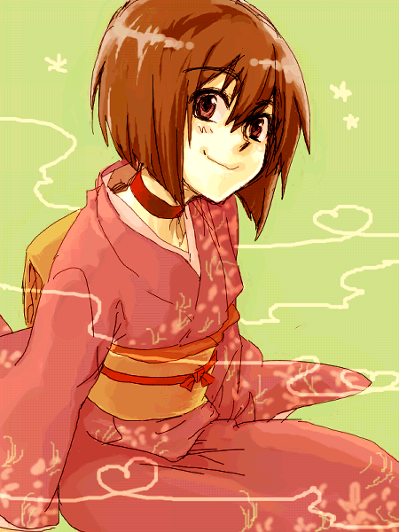 1girl bob_cut brown_eyes brown_hair choker japanese_clothes kimono looking_at_viewer obi obiage obijime raised_eyebrows red_choker red_kimono sash sitting smile solo tactics youko_(tactics) yuki_(hello_idiot)