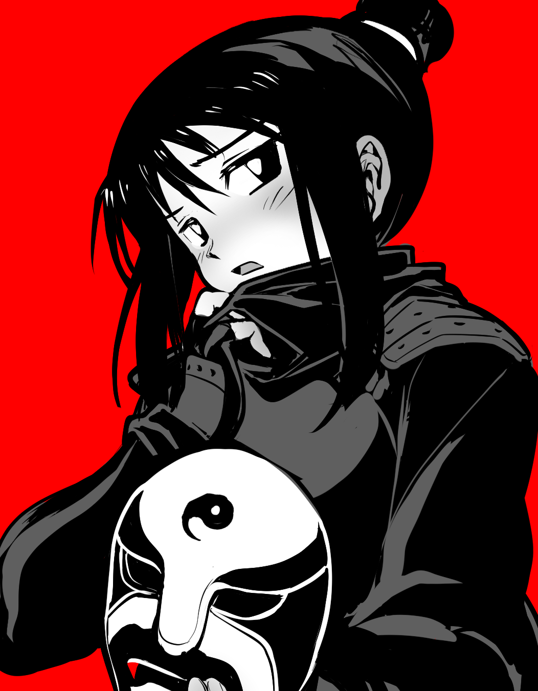 1girl black_hair blush from_side fullmetal_alchemist greyscale_with_colored_background hair_bun highres holding holding_mask lan_fan looking_at_viewer looking_to_the_side mask red_background sbql_(niaunclefan) sidelocks simple_background single_hair_bun solo upper_body