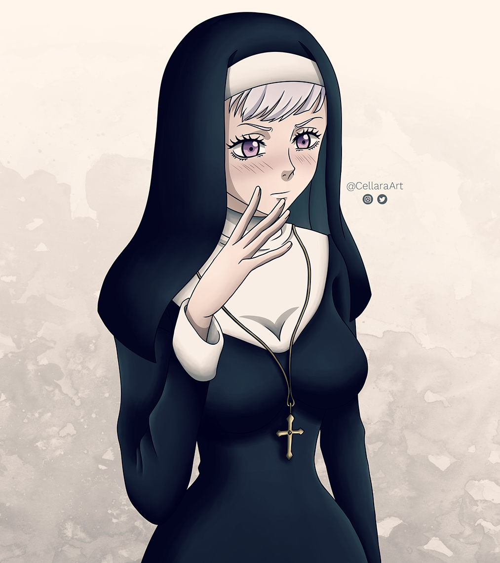 1girl black_clover black_headwear black_robe blush breasts cellaraart commentary cosplay cross cross_necklace english_commentary female_focus habit hood instagram_logo jewelry large_breasts lily_aquaria lily_aquaria_(cosplay) necklace noelle_silva nun pink_background purple_eyes robe silver_hair solo traditional_nun twitter_logo twitter_username upper_body