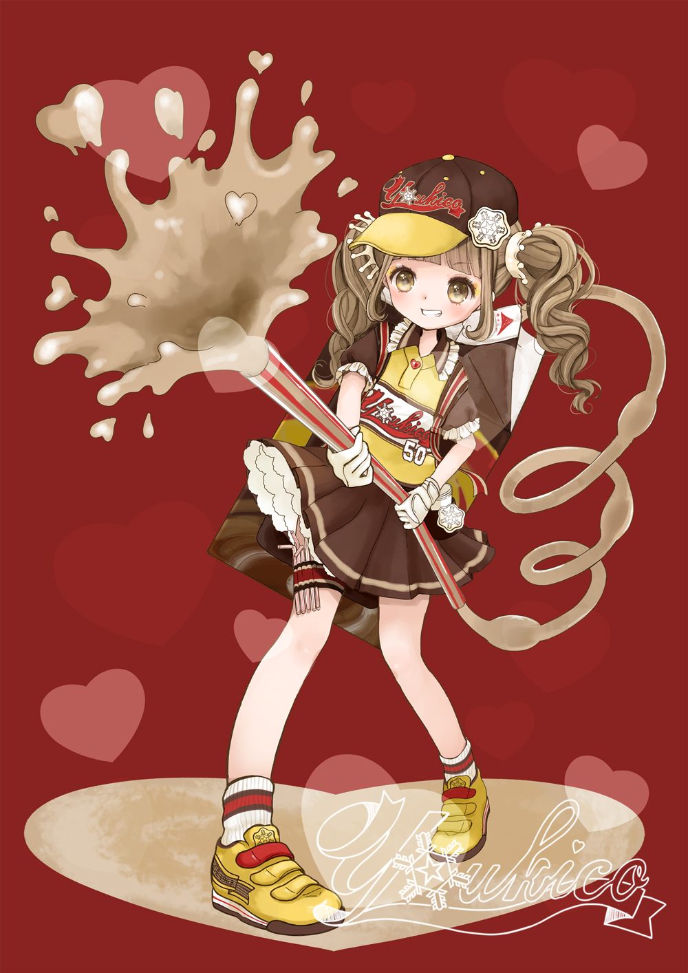 1girl bad_id bad_pixiv_id baseball_cap baseball_uniform brown_eyes brown_hair character_name coffee drinking_straw female_focus grin hair_ornament hat heart highres holster hose long_hair mascot messy_hair mnmktn original personification product_girl shoes skirt smile sneakers socks solo sportswear thigh_holster twintails yukico-tan yukijirushi