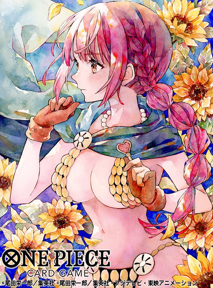 1girl blunt_bangs braid braided_ponytail breasts cleavage cloak commentary_request copyright_name flower gloves holding holding_key jewelry key large_breasts long_hair looking_ahead navel necklace official_art one_piece one_piece_card_game pearl_necklace pink_hair ponytail rebecca_(one_piece) revealing_clothes sidelocks solo sunflower underboob yukoring