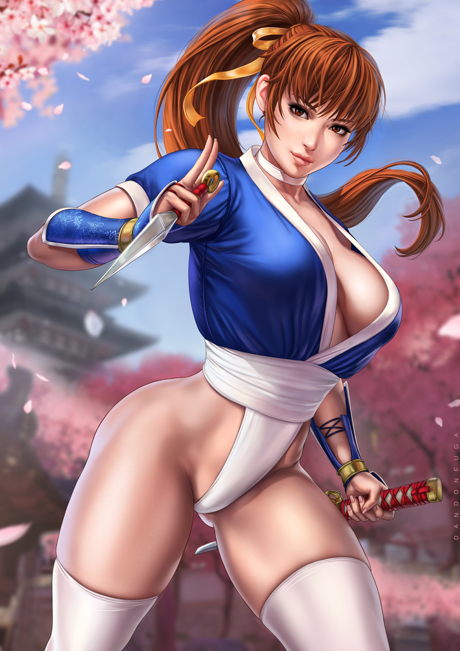 1girl arm_guards artist_name blue_sky blurry blurry_background bow breasts brown_eyes brown_hair cherry_blossoms choker cleavage closed_mouth cloud cloudy_sky collarbone commentary dandon_fuga day dead_or_alive female_focus fingernails hair_ribbon highres holding holding_weapon kasumi_(doa) kodachi kunai lips long_hair matching_hair/eyes medium_breasts ninja outdoors panties petals ponytail reverse_grip ribbon short_sleeves short_sword simple_background sky smile solo standing sword thighhighs thighs underwear weapon white_choker white_panties white_thighhighs yellow_ribbon