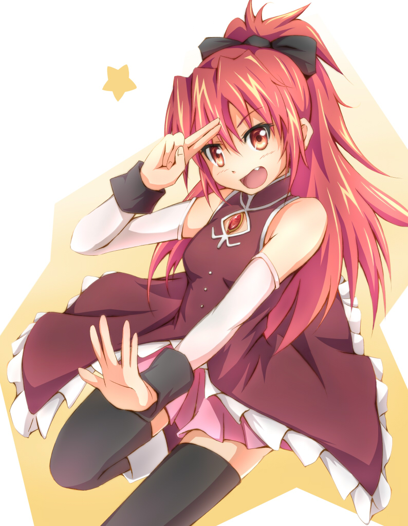 10s 1girl bare_shoulders black_thighhighs bow fang female_focus hair_bow long_hair magical_girl mahou_shoujo_madoka_magica mahou_shoujo_madoka_magica_(anime) onsen_(riai) ponytail red_eyes red_hair riai_(onsen) sakura_kyoko sakura_kyoko_(magical_girl) skirt solo thighhighs zettai_ryouiki