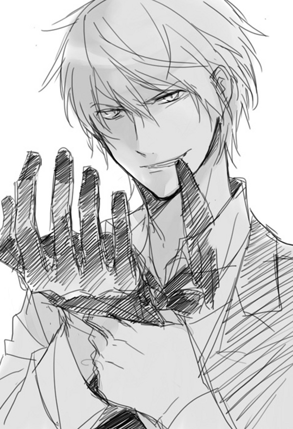 1boy durarara!! gloves greyscale grin heiwajima_shizuo male_focus monochrome mouth_hold ryugo sketch smile solo xia_(ryugo)