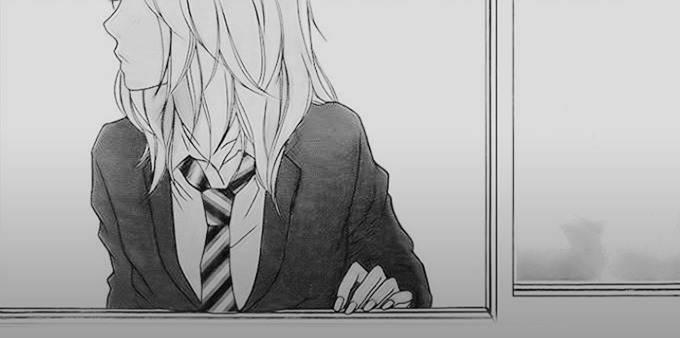 1girl artist_request dress_shirt facing_viewer hand_on_window hospital_rokunin_no_ishi indoors long_hair looking_to_the_side monochrome necktie nicole_summers non-web_source school_uniform shirt striped_necktie window