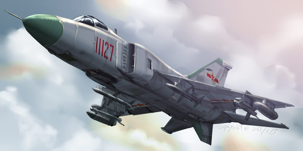 2015 aircraft airplane artist_name cloud cloudy_sky dated day fighter_jet flying jet military military_vehicle missile no_humans original realistic shenyang_j-8 signature sky vehicle_focus zephyr164