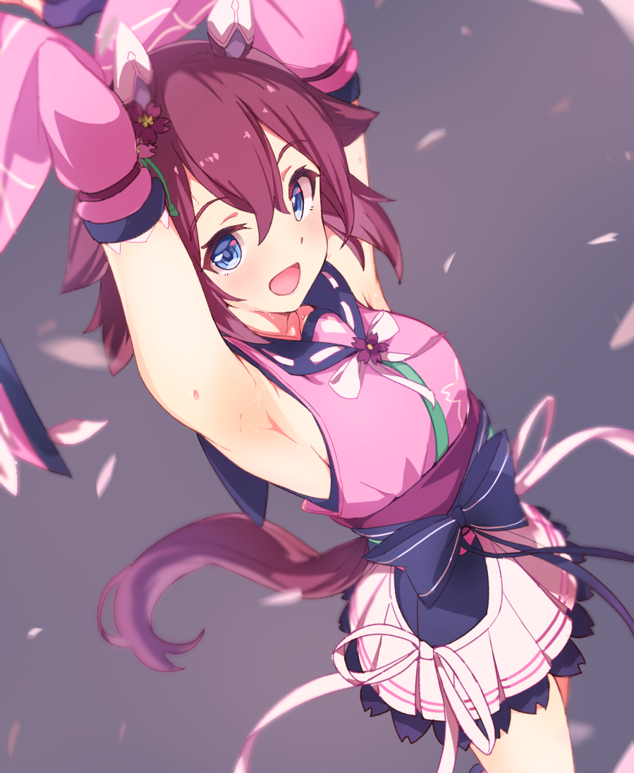 1girl animal_ears armpits arms_up blue_eyes blush breasts commentary_request detached_sleeves flower hair_between_eyes hair_flaps hair_flower hair_ornament horse_ears horse_girl horse_tail looking_at_viewer medium_breasts petals pink_hair ribbon sakura_chiyono_o_(umamusume) simple_background solo sweat tail umabeko umamusume