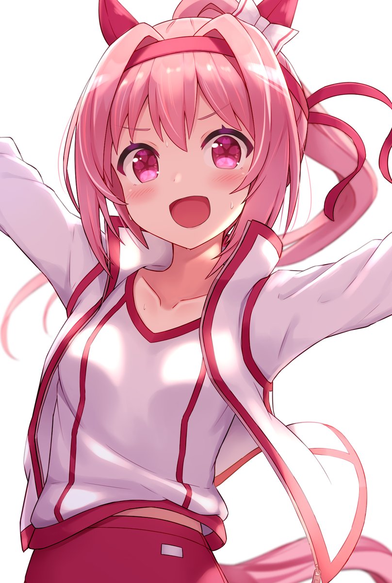 1girl animal_ears arms_up bow buruma flower-shaped_pupils gym_uniform hair_bow hair_intakes haru_urara_(umamusume) headband highres horse_ears horse_girl horse_tail jacket long_hair open_mouth outstretched_arms pink_eyes pink_hair ponytail red_buruma ribbon shirt shuuichi_(gothics) smile solo symbol-shaped_pupils tail track_jacket umamusume upper_body white_jacket white_shirt