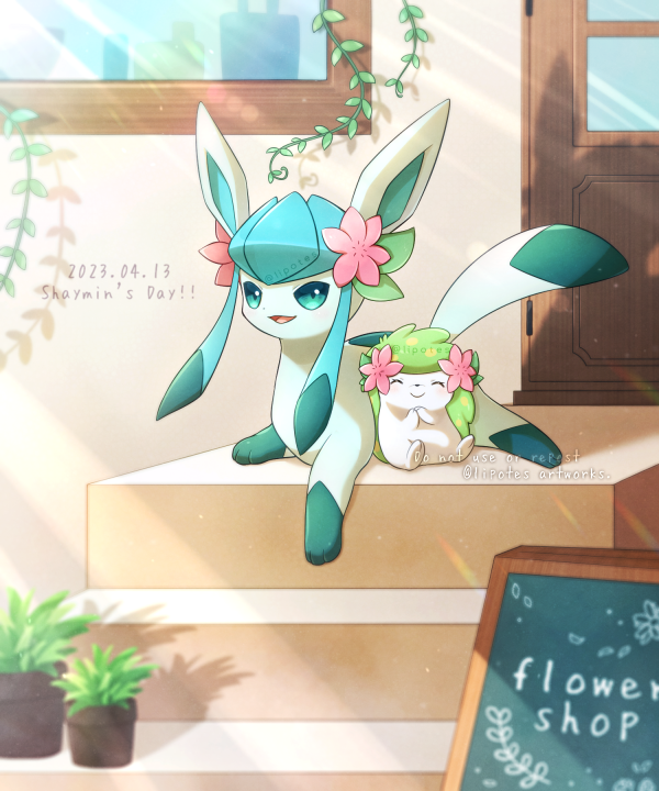 alopias character_name commentary_request creatures_(company) dated door game_freak gen_4_pokemon glaceon green_eyes happy legendary_pokemon lying mythical_pokemon nintendo no_humans open_mouth plant pokemon pokemon_(creature) potted_plant shaymin smile stairs vines watermark window