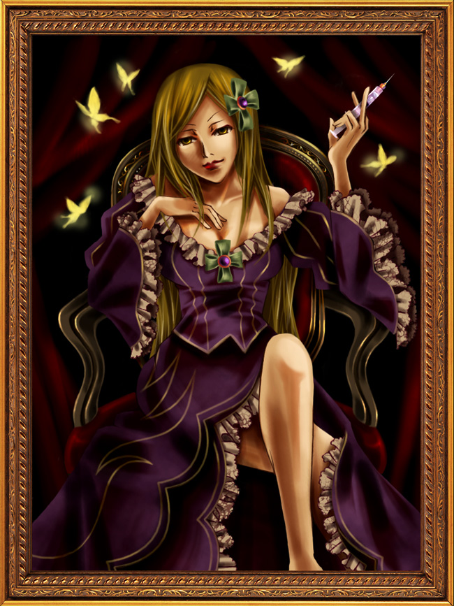 1girl bad_id bad_pixiv_id beatrice_(cosplay) beatrice_(umineko) blonde_hair breasts bug butterfly chair cleavage cosplay creator_connection crossed_legs female_focus framed hair_ornament hand_on_own_chest higurashi_no_naku_koro_ni insect light_smile long_hair looking_at_viewer painting_(object) red_lips rouge_(artist) sitting solo syringe takano_miyo umineko_no_naku_koro_ni