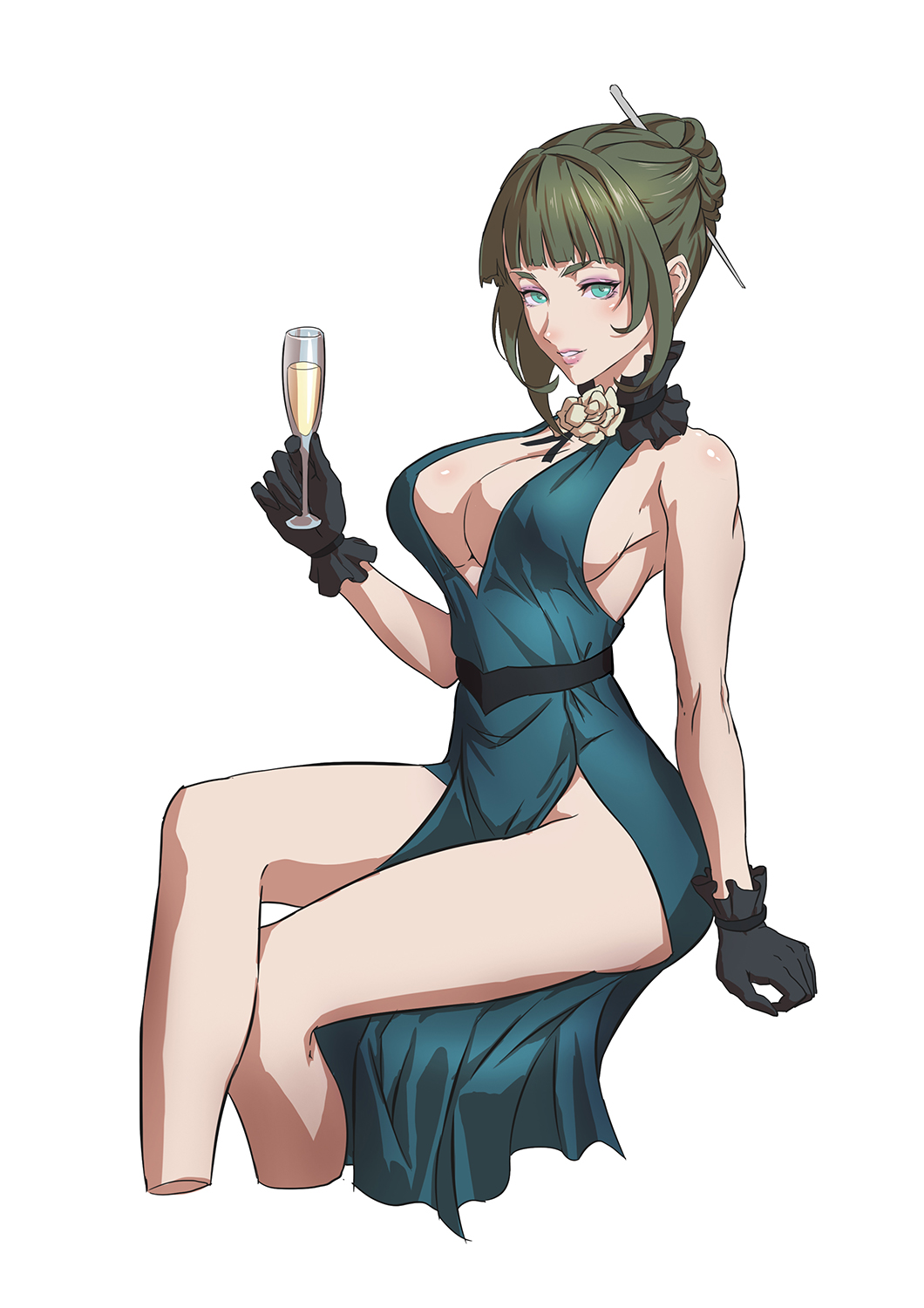 1girl aqua_eyes bare_shoulders black_gloves blue_dress blush breasts cleavage crossed_legs cup dress drinking_glass eyeshadow garo:vanishing_line garo_(series) gina_(garo) gloves glower green_hair hair_bun hair_ornament hair_stick highres holding large_breasts lips long_hair looking_at_viewer makai_priestess makeup no_panties parted_lips shiny_skin sideboob simple_background sitting sleeveless sleeveless_dress solo teeth white_background wine_glass zhen_long