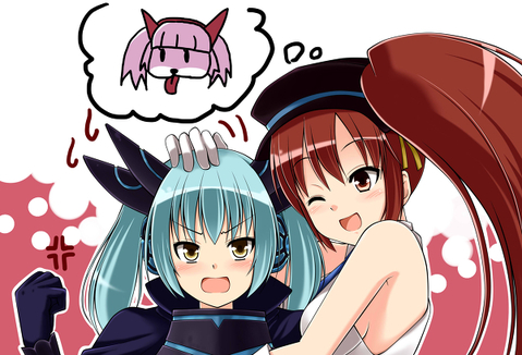 10s 2girls armor blush brown_eyes cardfight!!_vanguard crossover cuddling darkness_maiden_macha emoticon flogal green_hair hair_ornament hat headpat high_dog_breeder_akane lowres multiple_girls red_hair royal_paladin shadow_paladin side_ponytail yellow_eyes