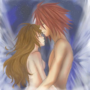 00s anna_irving brown_hair couple closed_eyes kratos_aurion long_hair lowres nude oekaki red_hair short_hair spoilers tales_of_(series) tales_of_symphonia wings