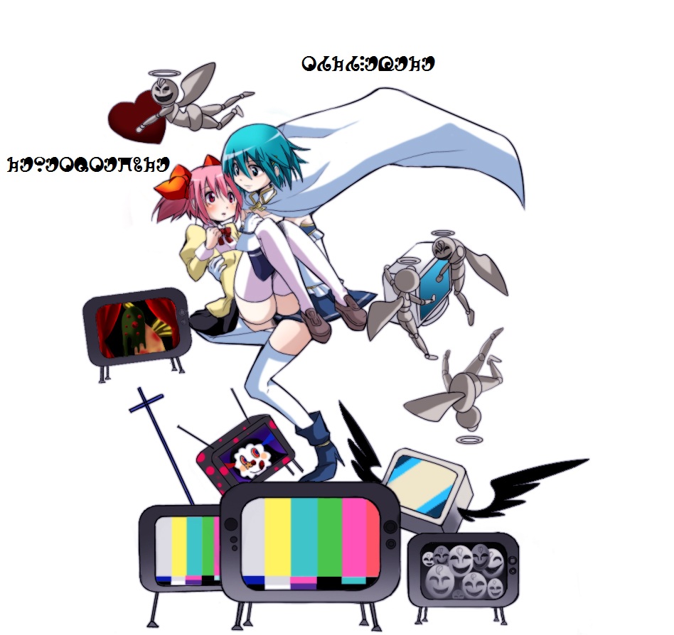 10s 2girls bad_id bad_pixiv_id blue_eyes blue_hair cape carrying charlotte_(madoka_magica) daniyyel+jennifer fumiko_(miruyuana) gertrud_(madoka_magica) hair_ornament hairclip kaname_madoka madoka_runes magical_girl mahou_shoujo_madoka_magica mahou_shoujo_madoka_magica_(anime) miki_sayaka miki_sayaka_(magical_girl) miruyuana multiple_girls pink_eyes pink_hair princess_carry school_uniform short_hair short_twintails television test_card thighhighs twintails zettai_ryouiki