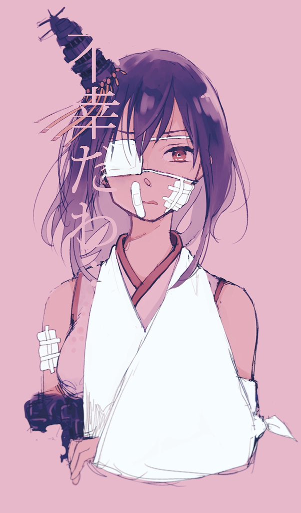 1girl arm_sling bandaid bandaid_on_face broken_arm commentary_request cropped_torso eyepatch floating_hair gauze gauze_on_arm gauze_on_cheek glaring headgear injury japanese_clothes kantai_collection kimono limited_palette looking_at_viewer medical_eyepatch medium_hair parted_lips pink_background purple_hair red_eyes scowl shironojiro simple_background sleeveless sleeveless_kimono solo translation_request upper_body v-shaped_eyebrows yamashiro_(kancolle)