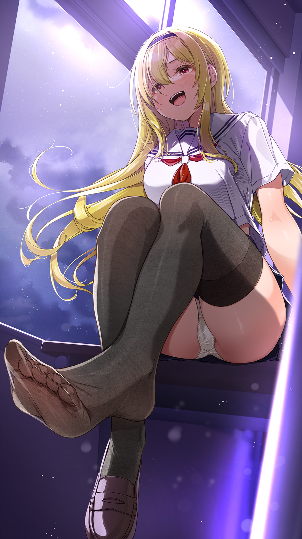 1girl black_hairband black_thighhighs blonde_hair blush cameltoe classroom cloud commentary_request desk hair_between_eyes hairband highres idolmaster idolmaster_cinderella_girls kurosaki_chitose loafers long_hair looking_at_viewer mk_(mod0) neckerchief night night_sky on_desk open_mouth panties red_eyes red_neckerchief school_uniform see-through_clothes serafuku shoes short_sleeves sidelocks single_shoe sitting skirt sky solo thighhighs toes underwear white_panties white_serafuku window