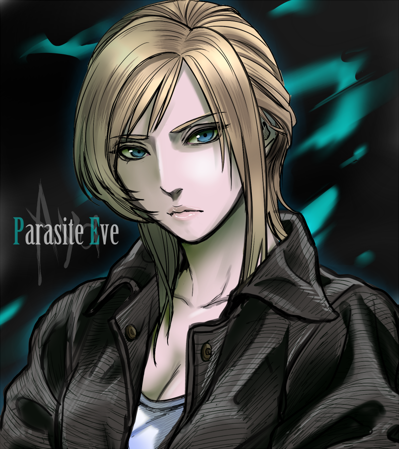 1girl aya_brea blonde_hair blue_eyes breasts character_name cleavage closed_mouth collarbone copyright_name jacket long_hair looking_at_viewer manomarino parasite_eve_(series) parasite_eve_i simple_background solo