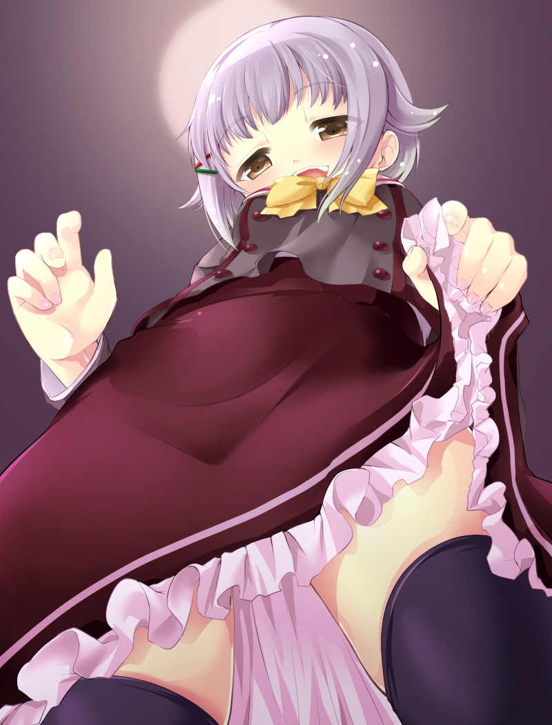 10s 1girl black_thighhighs blush bow brown_eyes female_focus hair_ornament hairclip idolmaster idolmaster_cinderella_girls koshimizu_sachiko long_sleeves open_mouth school_uniform short_hair silver_hair skirt solo thighhighs tilm