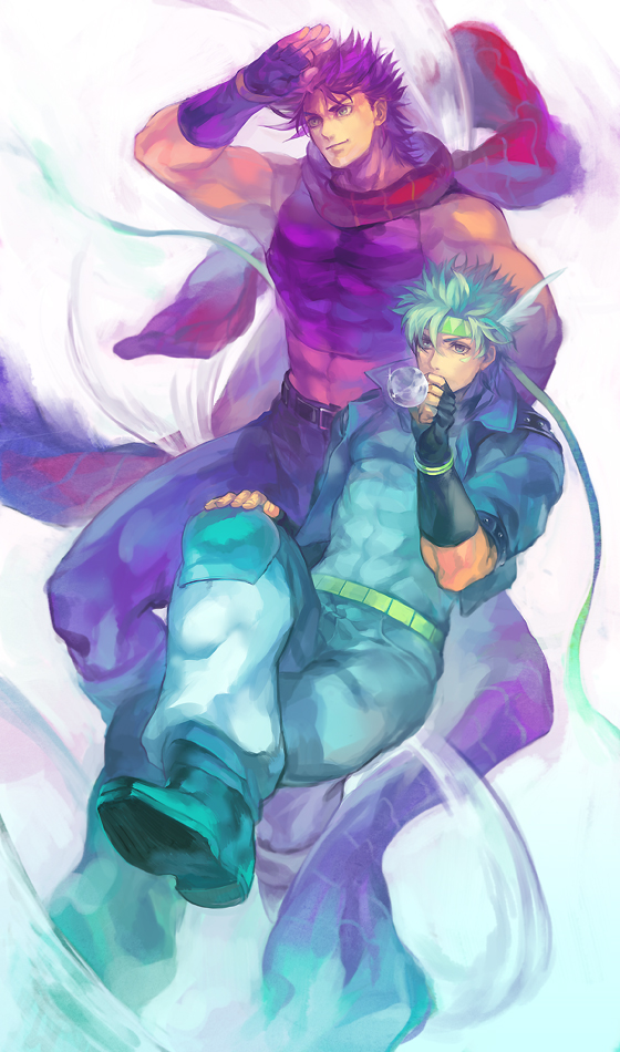 2boys bubble caesar_anthonio_zeppeli feather_hair_ornament feathers fingerless_gloves gloves green_hair hair_ornament headband hydrokinesis jojo_no_kimyou_na_bouken joseph_joestar joseph_joestar_(young) midriff multiple_boys oburaato purple_hair scarf water