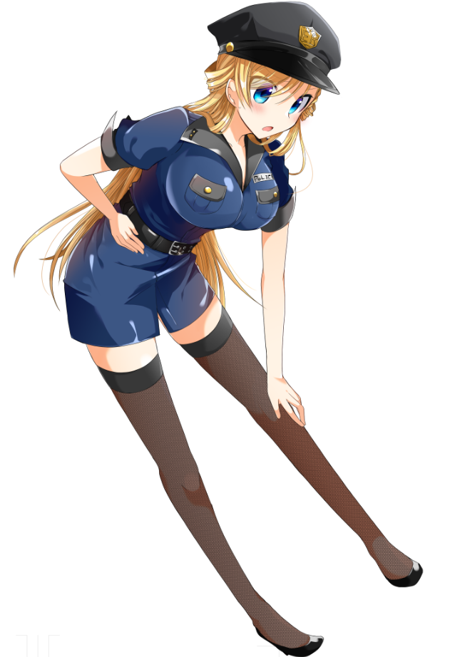 1girl araragi_ayune belt bent_over black_belt black_footwear black_hat blonde_hair blue_eyes blush breast_pocket breasts commentary_request full_body hand_on_own_hip hat isshiki-san_wa_koi_wo_shiritai. large_breasts long_hair miniskirt open_mouth pocket police police_hat police_uniform policewoman rinna_milford short_sleeves simple_background skirt solo thighhighs white_background