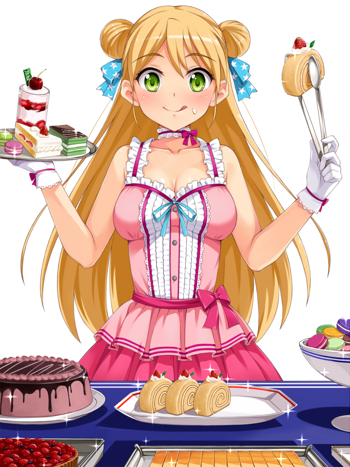 1girl :q bare_shoulders blonde_hair blush breasts cake cake_slice cleavage double_bun dress female_focus food food_on_face fruit fruit_tart gloves green_eyes hair_bun hair_ribbon hisho_collection large_breasts long_hair looking_at_viewer macaron pastry pink_dress ribbon simple_background smile solo sparkle star_(symbol) star_print strawberry_shortcake strawberry_tart swiss_roll tart_(food) tongs tongue tongue_out tray white_background white_gloves yokaze_japan