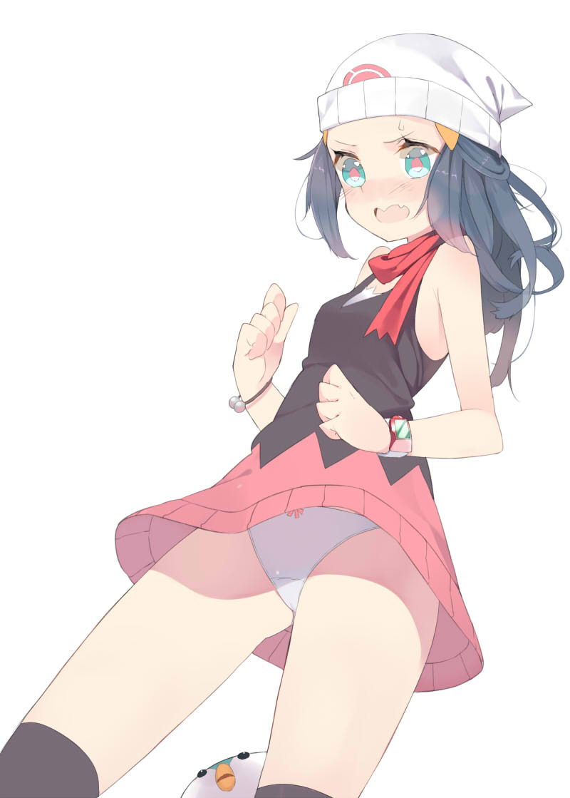 00s 1girl bad_id bad_pixiv_id black_hair blue_eyes blush creatures_(company) dawn_(pokemon) dress fang game_freak gen_4_pokemon hat koba long_hair multicolored_eyes nintendo open_mouth panties piplup pokemon pokemon_(creature) pokemon_dppt red_eyes red_scarf scarf simple_background sweatdrop underwear watch white_background white_panties wristwatch