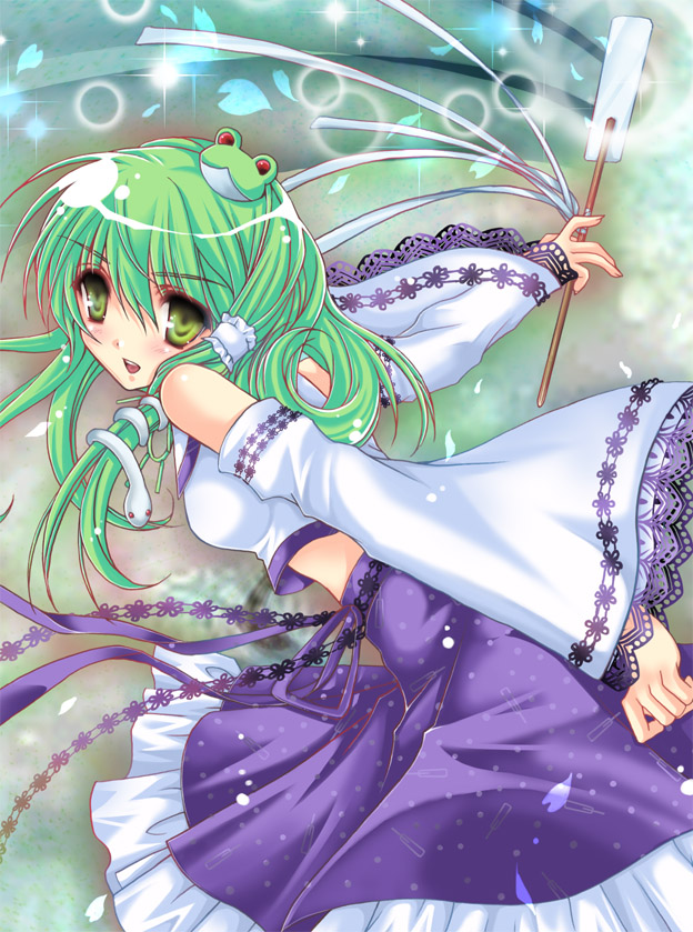 1girl bad_id bad_pixiv_id detached_sleeves female_focus frog gohei green_eyes green_hair hair_ornament kochiya_sanae matching_hair/eyes oonusa shisaki_tayu short_hair snake solo tayu_shisaki touhou