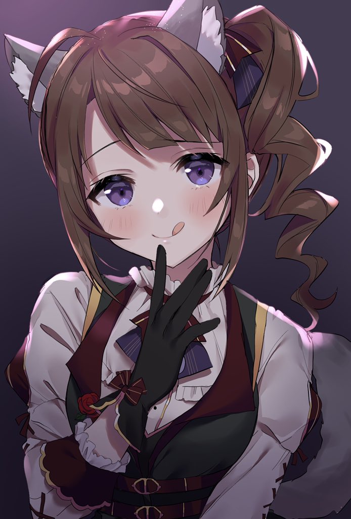 1girl :q ahoge animal_ear_fluff animal_ears belt_buckle black_gloves black_jacket blouse blue_eyes blush bow brown_hair buckle drill_hair finger_to_mouth gloves idolmaster idolmaster_million_live! jacket licking_lips red_bow shirt side_drill side_ponytail sleeve_cuffs standing tail tongue tongue_out unizuma_eleven upper_body vest white_shirt wolf_ears wolf_tail yokoyama_nao