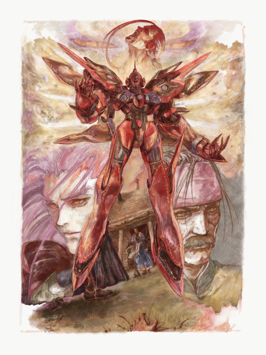 1girl 3boys commentary_request facial_hair fei_fong_wong headband highres id_(xenogears) karen_wong khan_wong kosibahara long_hair looking_ahead mecha multiple_boys mustache open_mouth red_hair red_headband robot screaming weltall-id xenogears yellow_eyes