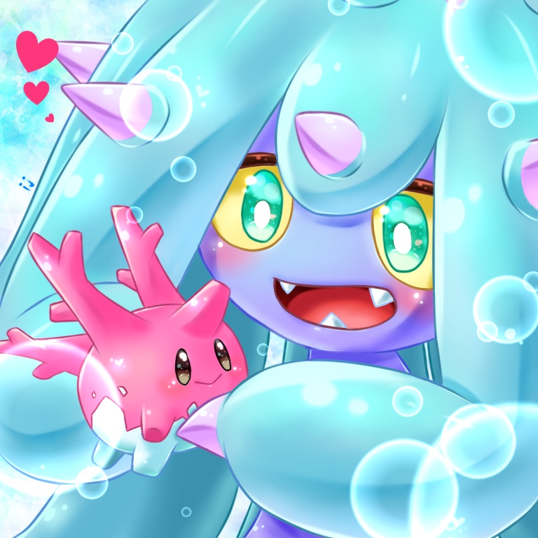 :&gt; aije blush bubble close-up corsola creatures_(company) eye_contact game_freak gen_2_pokemon gen_7_pokemon happy heart holding looking_at_another mareanie nintendo no_humans open_mouth pokemon pokemon_(creature) pokemon_sm sharp_teeth sparkling_eyes spikes teeth underwater water