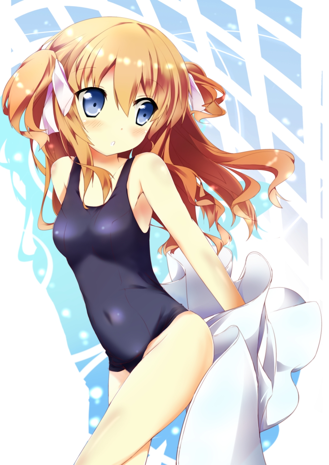 1girl blue_eyes brown_hair female_focus fuuna highres long_hair one-piece_swimsuit original school_swimsuit solo swimsuit twintails two_side_up