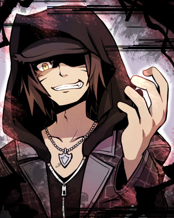 1boy baseball_cap black_hoodie brown_hair dark-skinned_male dark_skin facial_mark facial_mark fangs grin hat hat_over_one_eye hood hood_up hoodie jewelry male_focus minamimoto_sho necklace shin_subarashiki_kono_sekai smile solo solo_focus subarashiki_kono_sekai upper_body whisker_markings yellow_eyes zipper zipper_pull_tab