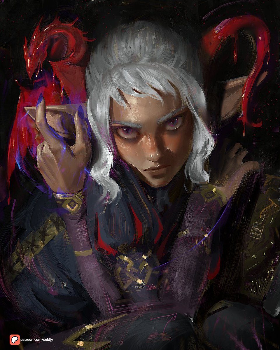 dark-skinned_female dark_skin dragon dungeon_meshi elf highres lips looking_at_viewer patreon_logo patreon_username pointy_ears purple_eyes sebijy sidelocks thistle_(dungeon_meshi) white_hair