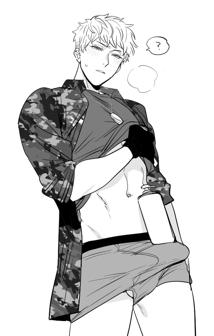 1boy ? boxer_briefs breath bulge busujima_rio_mason camouflage camouflage_jacket dog_tags greyscale hypnosis_mic jacket male_focus male_underwear monochrome no_pants object_on_bulge object_on_penis parted_lips shampoo_bottle shampoo_challenge solo spoken_question_mark suko_mugi underwear