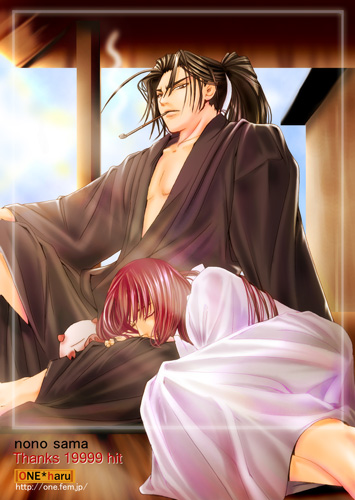 hijikata_toshizo_(peace_maker_kurogane) japanese_clothes kimono lowres male_focus okita_souji_(peace_maker_kurogane) peace_maker_kurogane smoke yaoi