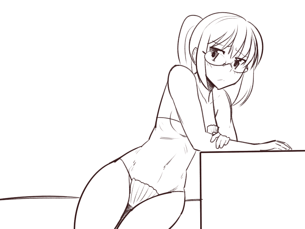 1girl analogue:_a_hate_story bikini blush boa_(brianoa) breasts cleavage closed_mouth glasses greyscale hate_plus hyun-ae looking_at_viewer monochrome navel ponytail shell shell_bikini solo swimsuit thigh_gap