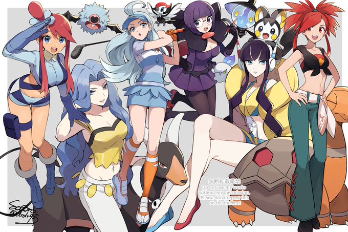 black_hair blue_eyes blue_hair breasts cleavage creatures_(company) demon_horns demon_tail elesa_(pokemon) emolga flannery_(pokemon) game_freak gen_2_pokemon gen_3_pokemon gen_5_pokemon gen_7_pokemon glasses golf_club happy headphones horns houndoom kahili_(pokemon) karen_(pokemon) lampent large_breasts legs litwick long_hair navel nintendo open_mouth pikipek pokemon pokemon_bw pokemon_bw2 pokemon_hgss pokemon_oras pokemon_sm purple_hair red_eyes red_hair shauntal_(pokemon) shell skyla_(pokemon) smile spiked_hair tail torkoal woobat yukin_(es)