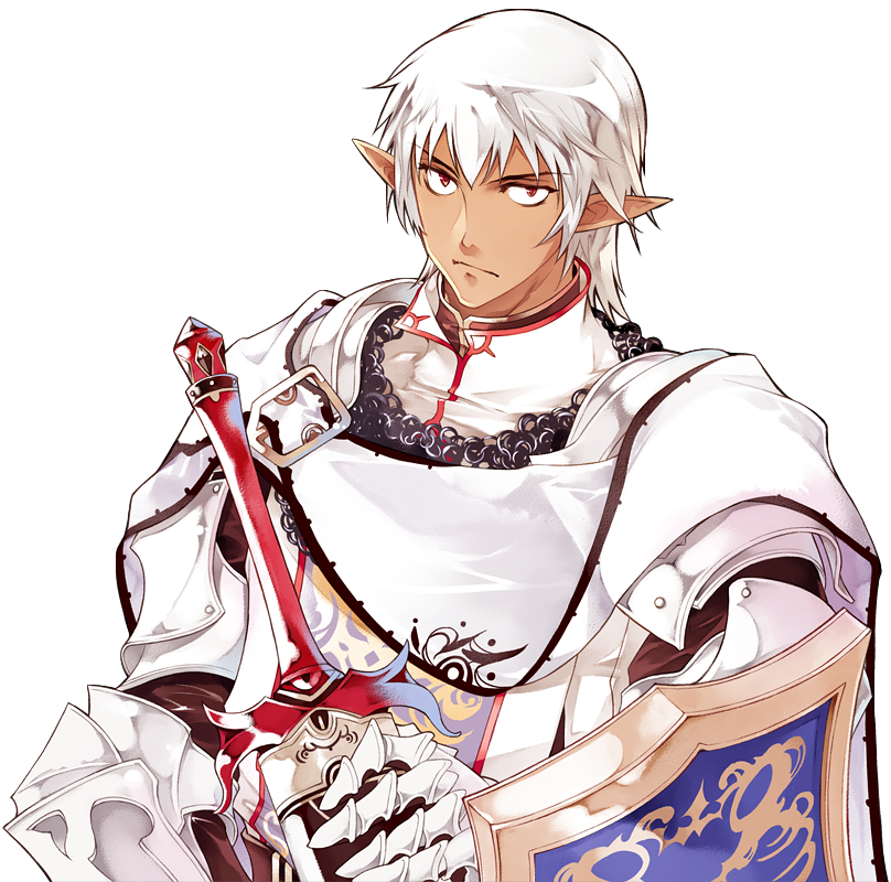 00s 1boy armor buront cape elf elvaan final_fantasy final_fantasy_xi male_focus md5_mismatch pointy_ears red_eyes sheath sheathed shield short_hair silver_hair solo sumi_keiichi sword weapon