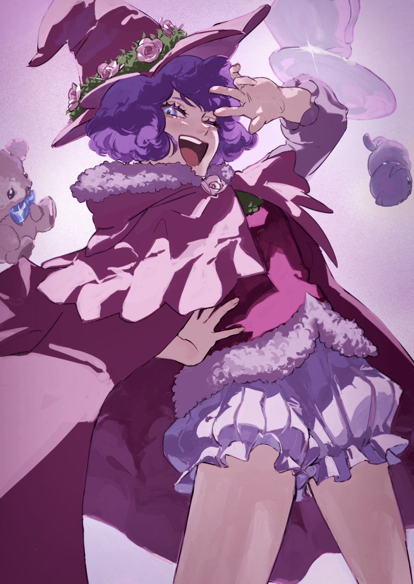dorothy unsworth, black clover, highres, 1girl, cape, flower, fur trim,  hand on own hip, hat, hat flower, multicolored eyes, one eye closed, open  mouth, purple cape, purple hair, short hair, shorts, smile,